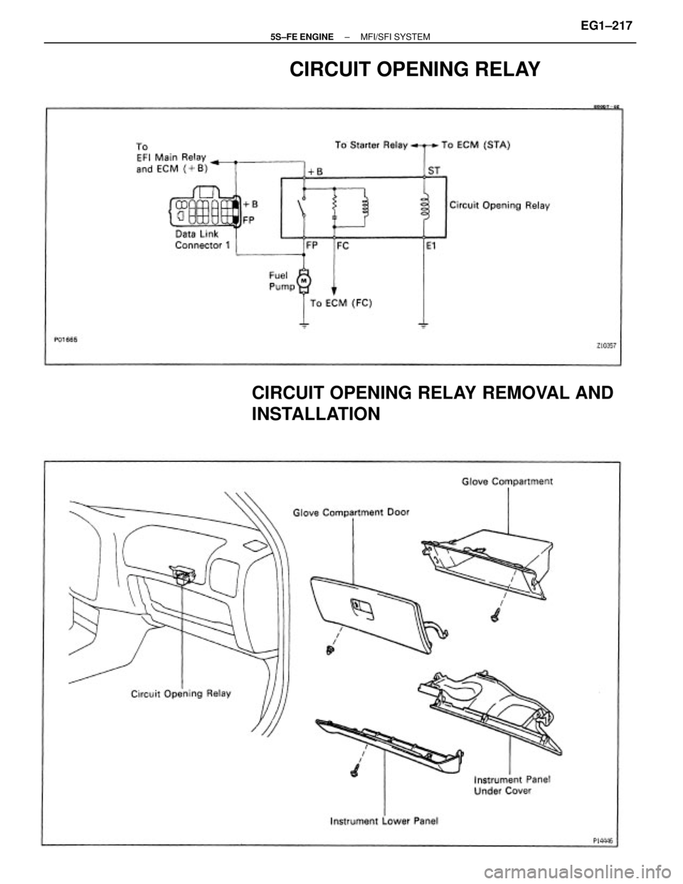 TOYOTA CAMRY 2000  Service Repair Manual CIRCUIT OPENING RELAY REMOVAL AND
INSTALLATION
CIRCUIT OPENING RELAY
± 5S±FE ENGINEMFI/SFI SYSTEMEG1±217 