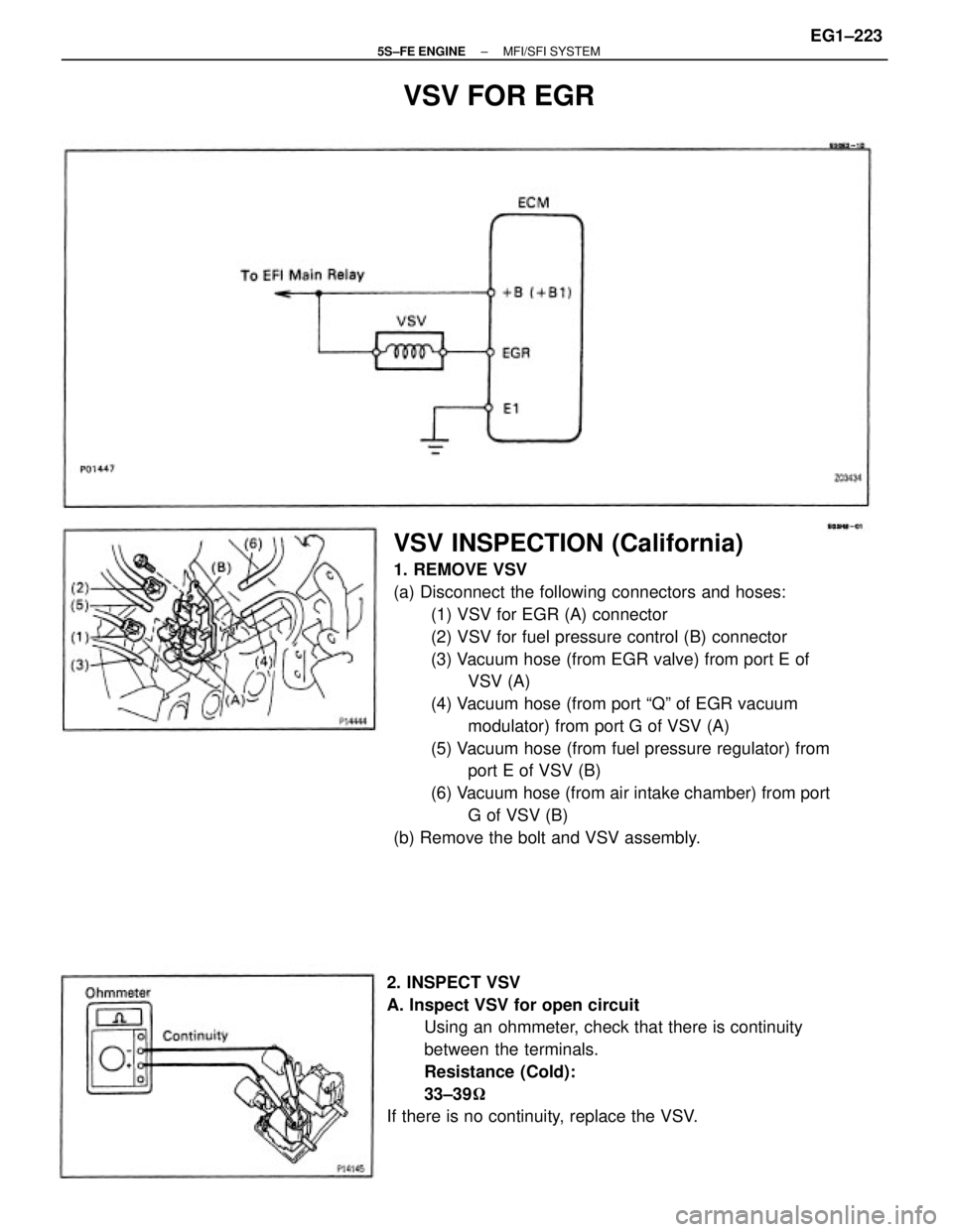 TOYOTA CAMRY 2000  Service Repair Manual VSV INSPECTION (California)
1. REMOVE VSV
(a) Disconnect the following connectors and hoses:
(1) VSV for EGR (A) connector
(2) VSV for fuel pressure control (B) connector
(3) Vacuum hose (from EGR val