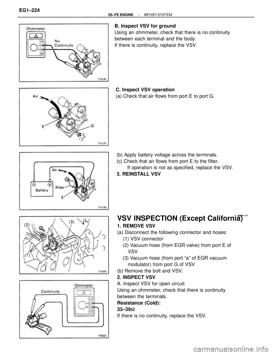 TOYOTA CAMRY 2000  Service Repair Manual VSV INSPECTION (Except California)
1. REMOVE VSV
(a) Disconnect the following connector and hoses:
    (1) VSV connector
    (2) Vacuum hose (from EGR valve) from port E of
VSV
    (3) Vacuum hose (fr