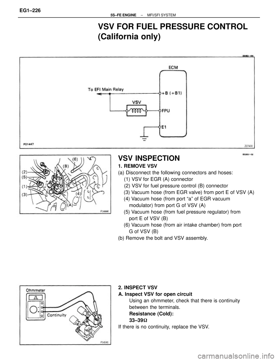 TOYOTA CAMRY 2000  Service Repair Manual VSV INSPECTION
1. REMOVE VSV
(a) Disconnect the following connectors and hoses:
    (1) VSV for EGR (A) connector
    (2) VSV for fuel pressure control (B) connector
    (3) Vacuum hose (from EGR valv