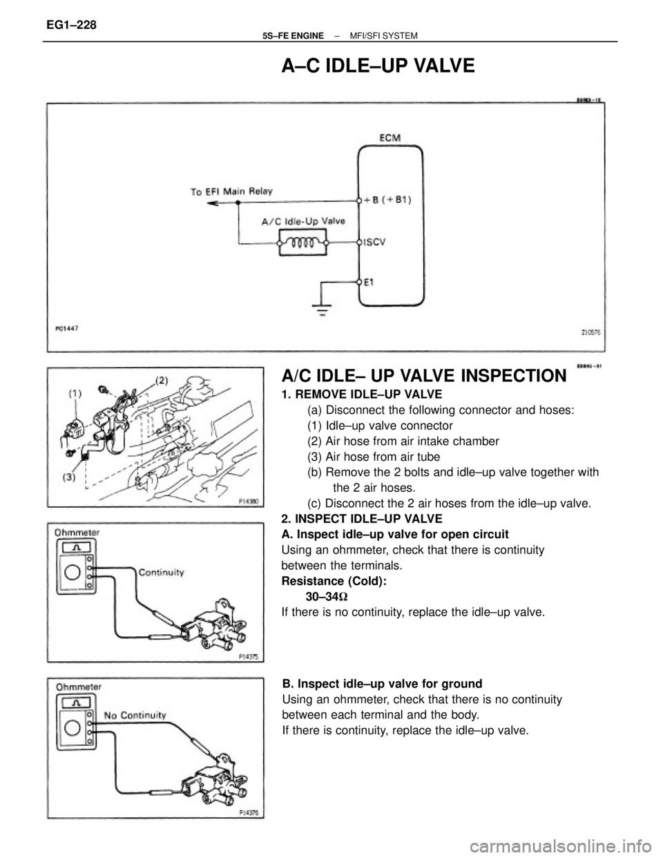 TOYOTA CAMRY 2000  Service Repair Manual A/C IDLE± UP VALVE INSPECTION
1. REMOVE IDLE±UP VALVE
(a) Disconnect the following connector and hoses:
(1) Idle±up valve connector
(2) Air hose from air intake chamber
(3) Air hose from air tube
(