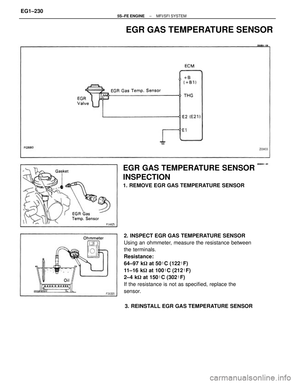 TOYOTA CAMRY 2000  Service Repair Manual 2. INSPECT EGR GAS TEMPERATURE SENSOR
Using an ohmmeter, measure the resistance between
the terminals.
Resistance:
64±97 k at 50C (122F)
11±16 k at 100C (212F)
2±4 k at 150C (302F)
If the 