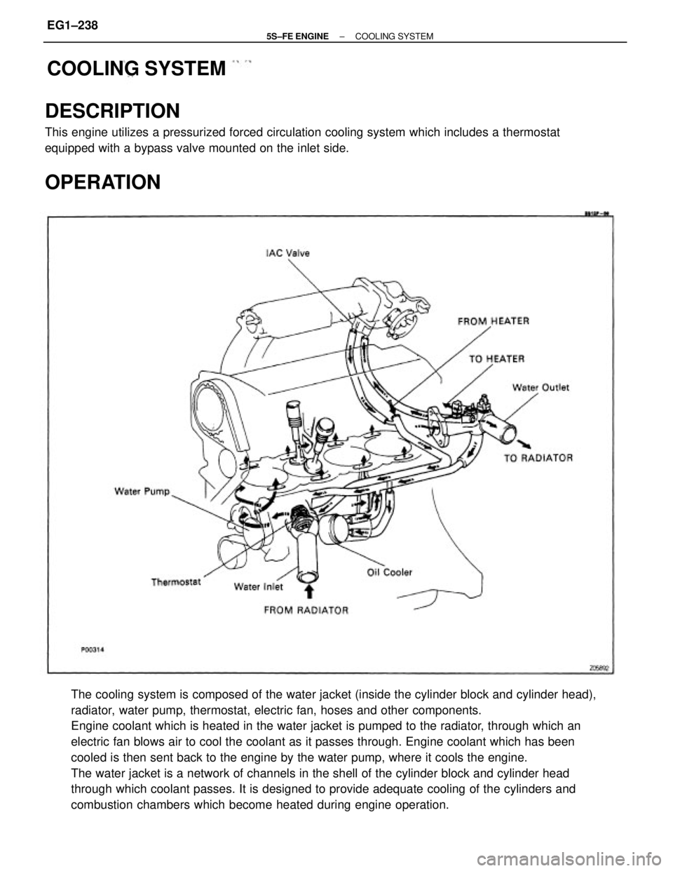 TOYOTA CAMRY 2000  Service Repair Manual The cooling system is composed of the water jacket (inside the cylinder block and cylinder head),
radiator, water pump, thermostat, electric fan, hoses and other components.
Engine coolant which is he