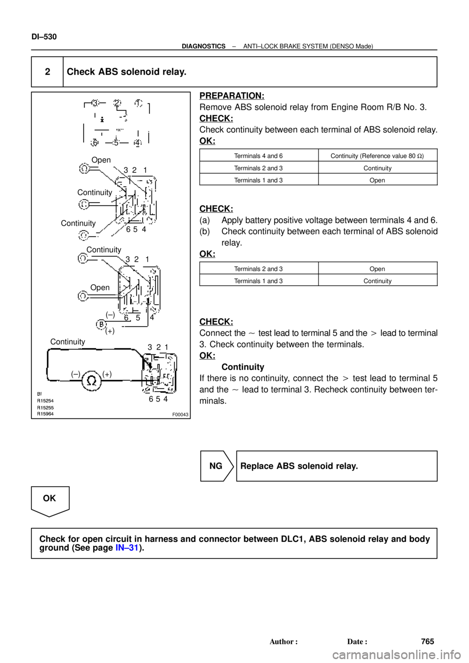 TOYOTA CAMRY 2000  Service Repair Manual F00043
1 2 3
4 5 6
1 2 3
4 5 6
1 2 3
4
65 Open
Continuity
Continuity
Continuity
Open
(+)(±)
(+) (±)1 2 3
4 5 6 Continuity
DI±530
± DIAGNOSTICSANTI±LOCK BRAKE SYSTEM (DENSO Made)
765 Author: Date