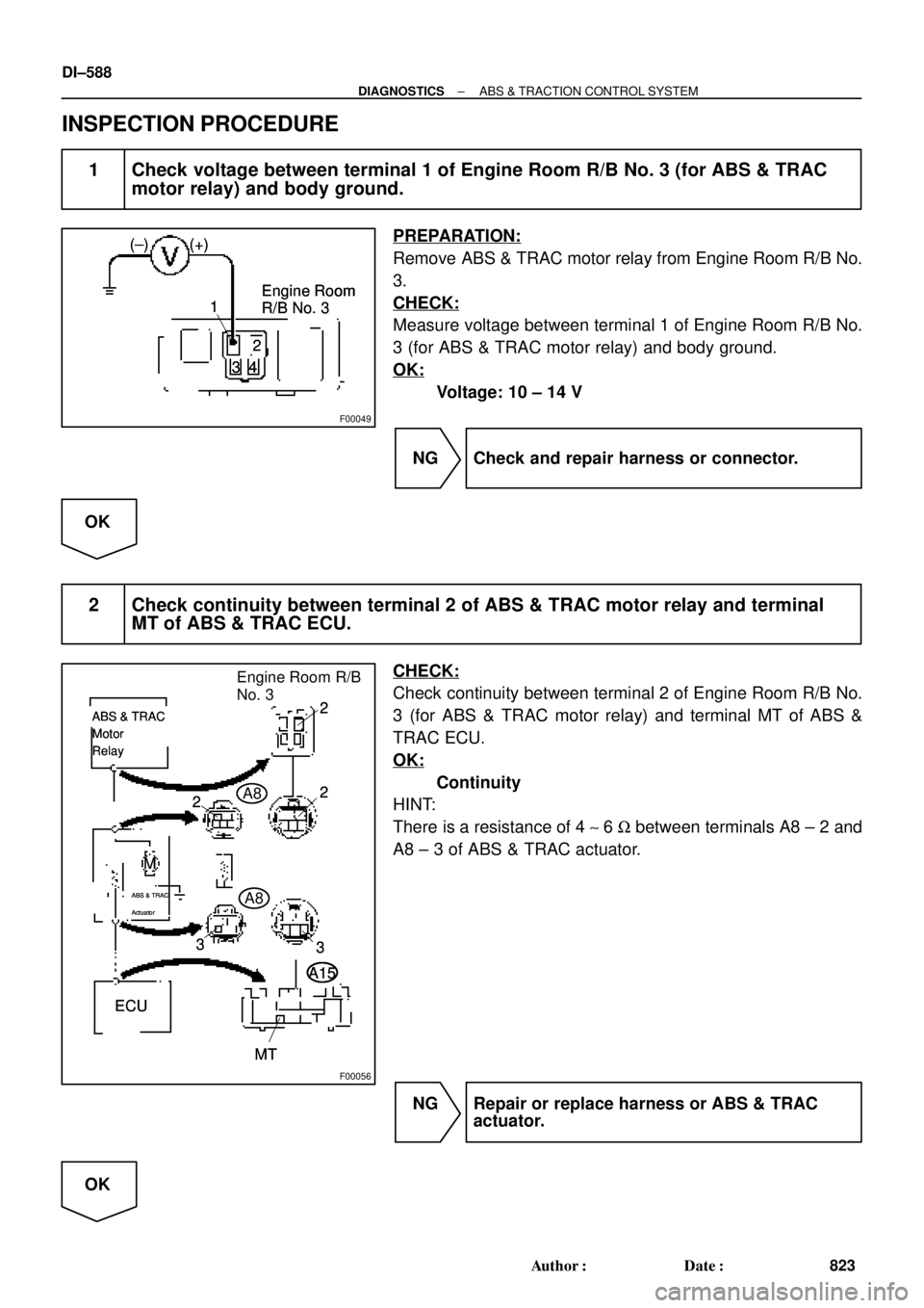 TOYOTA CAMRY 2000  Service Repair Manual F00049
1
2
34 (+) (±)
Engine Room 
R/B No. 31
2
34 (+) (±)
Engine Room 
R/B No. 31
2
34 (+) (±)
Engine Room 
R/B No. 31
2
34 (+) (±)
Engine Room 
R/B No. 3
F00056
ABS & TRAC
Motor
Relay
M2
A15
MT
