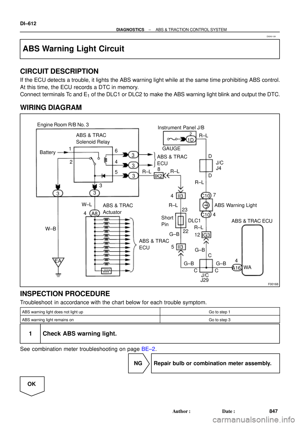 TOYOTA CAMRY 2000  Service Repair Manual F00168
BatteryABS & TRAC 
Solenoid Relay Engine Room R/B No. 3
3ABS & TRAC 
ECU
A8 1
R±L
C 5 4
IG3 IK2 6
J/C C10
EA4ABS Warning Light 8
12 II3
G±B23 2
22 ABS & TRAC 
Actuator
DLC1 Short 
Pin
WA
J29 