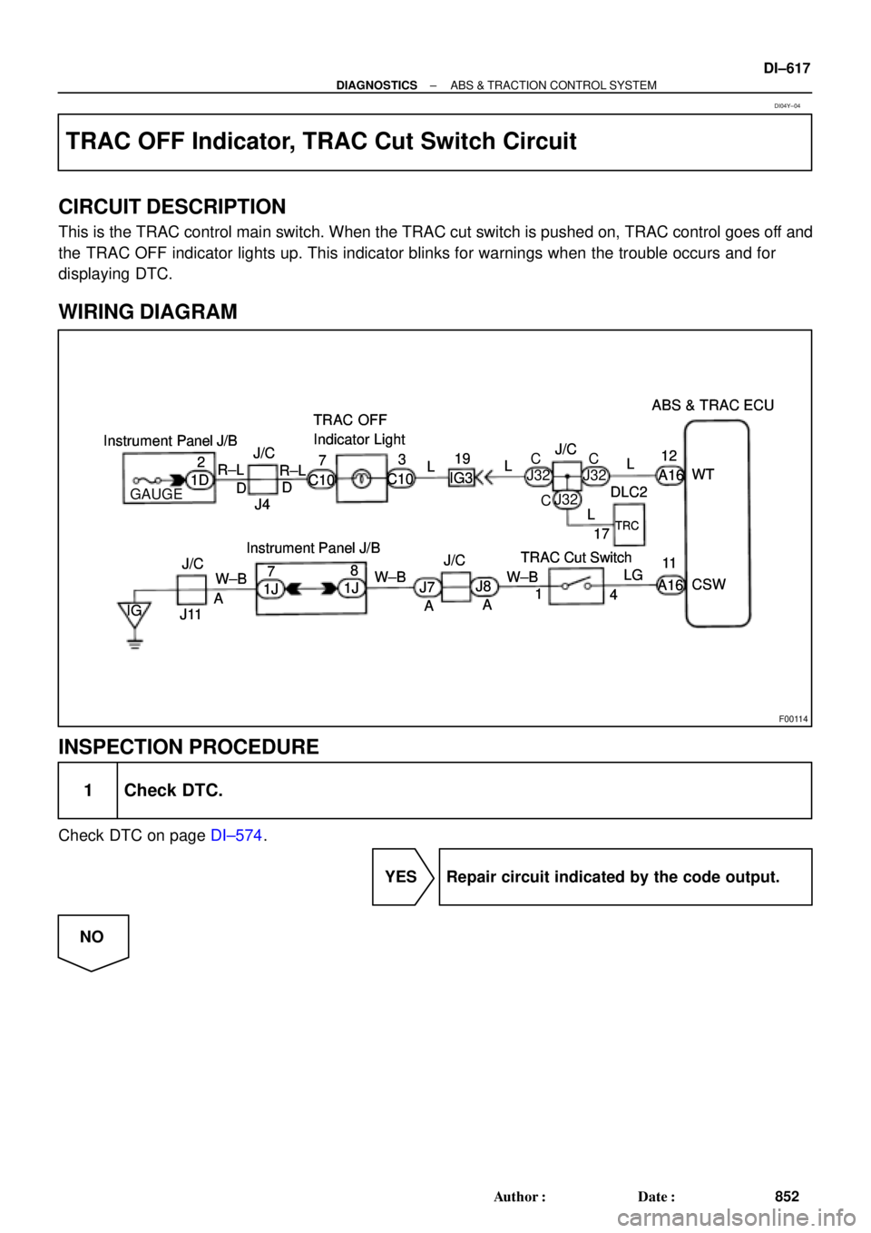 TOYOTA CAMRY 2000  Service Repair Manual F00114
TRAC OFF 
Indicator LightABS & TRAC ECU
CJ32 C10 R±L7
DLC2
17 J/CJ/C
2
IG3
TRC
Instrument Panel J/B
1D
J4 D319
L
A16
D R±L
C10LL
L
A16 TRAC Cut Switch
W±B12
11
LGWT
CSW
J7
J114 1
IGJ8
A 8
1J