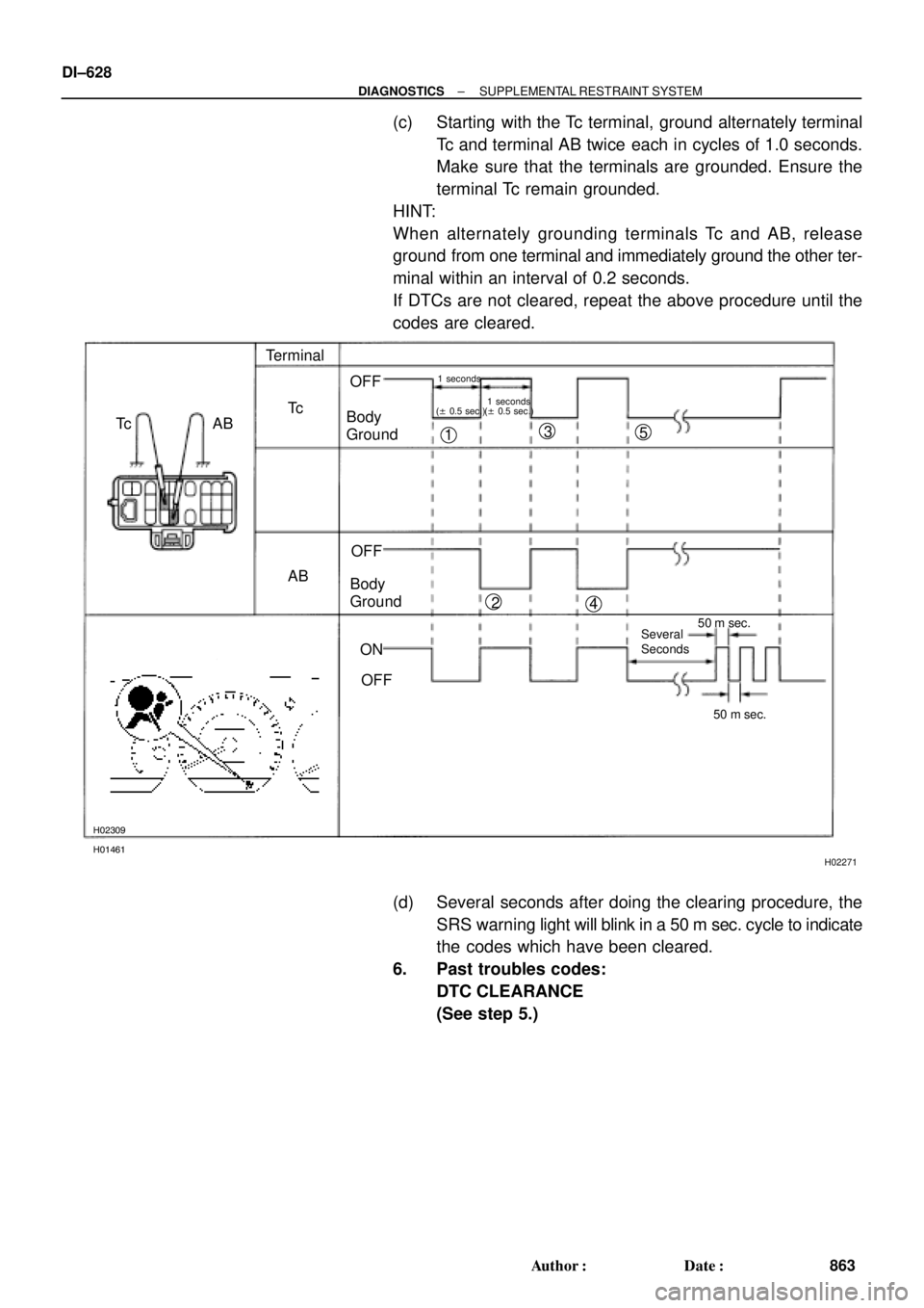 TOYOTA CAMRY 2000  Service Repair Manual H01461
H02309
H02271
ABTerminal
Tc
ABOFF
Body 
Ground
OFF
ON
OFF
Several
Seconds50 m sec.
50 m sec.
1 seconds
(± 0.5 sec.)
Tc
Body 
Ground
1 seconds
(± 0.5 sec.)
1
23
45
DI±628
± DIAGNOSTICSSUPPLE