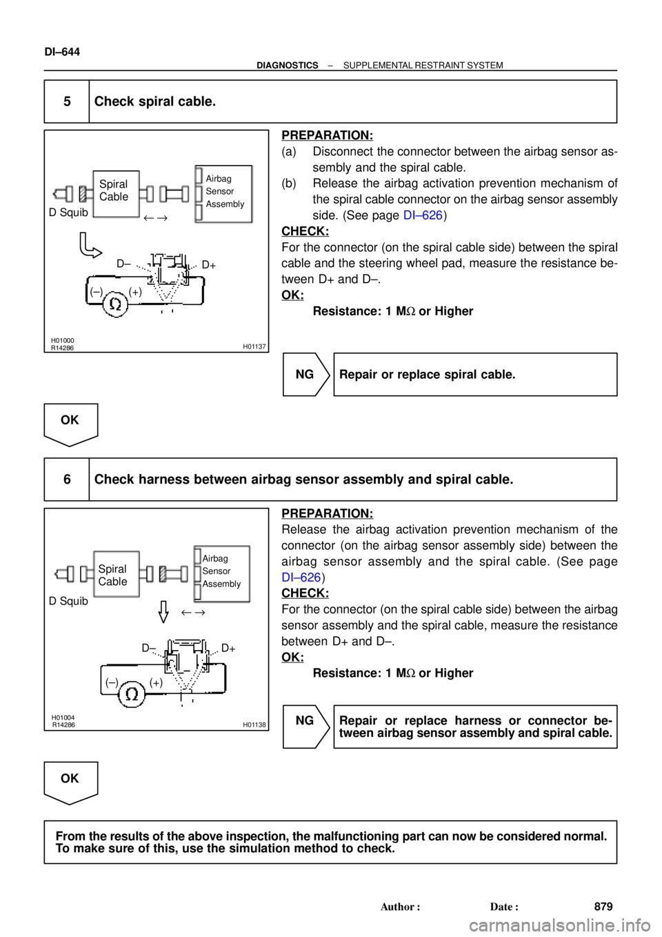 TOYOTA CAMRY 2000  Service Repair Manual R14286H01000H01137
D SquibSpiral
Cable
Airbag
Sensor
Assembly
D+ u"
(±) (+)D±
R14286H01004H01138
D SquibSpiral
Cable
Airbag
Sensor
Assembly
D+ u"
(±) (+)D±
DI±644
± DIAGNOSTICSSUPPLEMENTAL RESTR