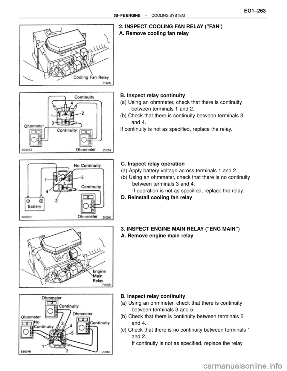 TOYOTA CAMRY 2000 Service Repair Manual B. Inspect relay continuity
(a) Using an ohmmeter, check that there is continuity
between terminals 3 and 5.
(b) Check that there is continuity between terminals 2
and 4.
(c) Check that there is no co TOYOTA CAMRY 2000 Service Repair Manual B. Inspect relay continuity
(a) Using an ohmmeter, check that there is continuity
between terminals 3 and 5.
(b) Check that there is continuity between terminals 2
and 4.
(c) Check that there is no co