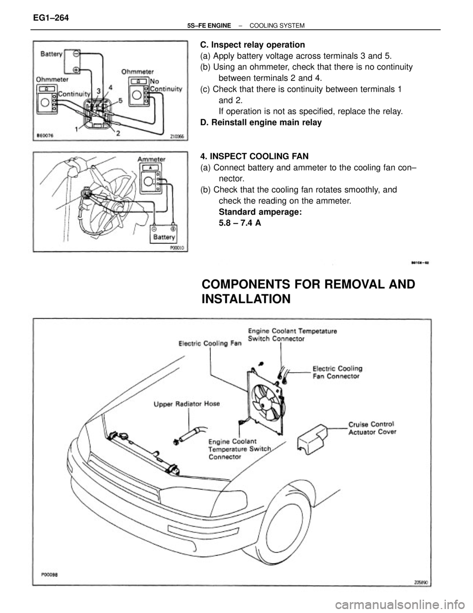 TOYOTA CAMRY 2000 Service Repair Manual C. Inspect relay operation
(a) Apply battery voltage across terminals 3 and 5.
(b) Using an ohmmeter, check that there is no continuity
between terminals 2 and 4.
(c) Check that there is continuity be TOYOTA CAMRY 2000 Service Repair Manual C. Inspect relay operation
(a) Apply battery voltage across terminals 3 and 5.
(b) Using an ohmmeter, check that there is no continuity
between terminals 2 and 4.
(c) Check that there is continuity be