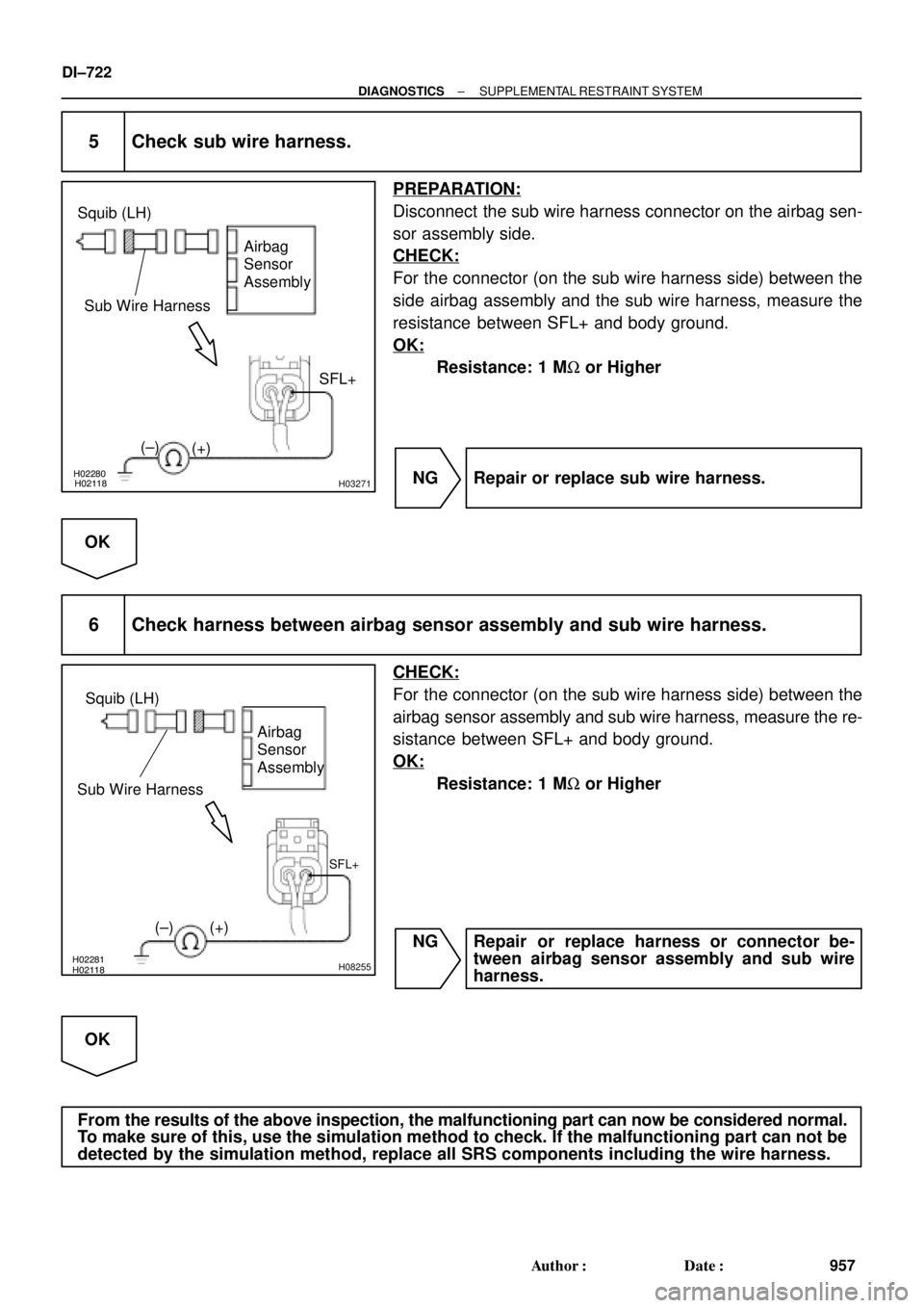TOYOTA CAMRY 2000  Service Repair Manual H02118H02280H03271
Squib (LH)
Airbag
Sensor
Assembly
(±)
(+)
SFL+
Sub Wire Harness
H02281H02118H08255
Squib (LH)
Airbag
Sensor
Assembly
SFL+
(±) (+)
Sub Wire Harness
DI±722
± DIAGNOSTICSSUPPLEMENT
