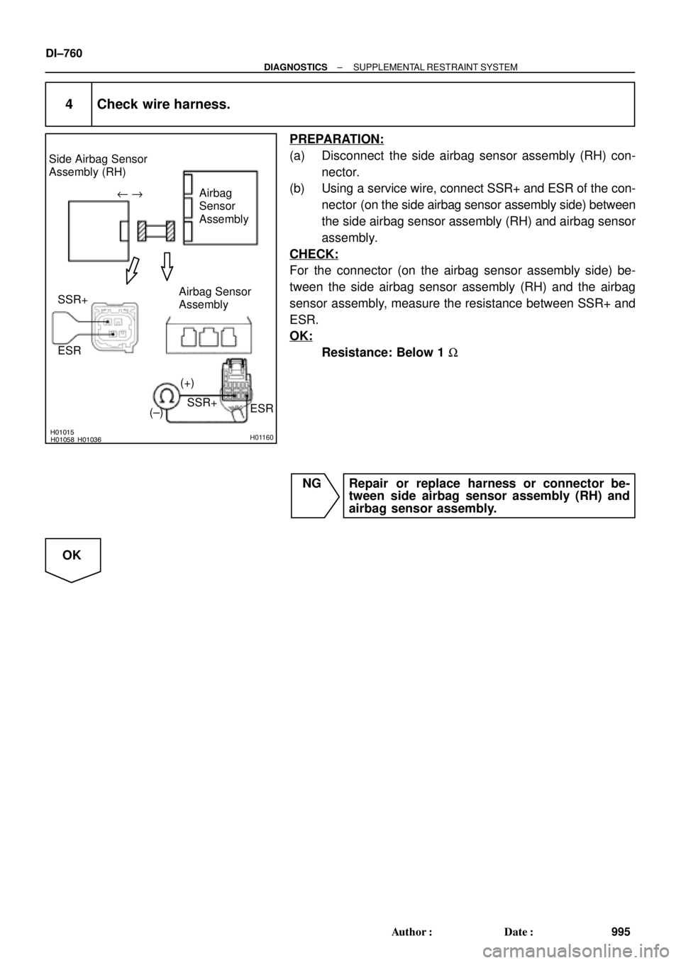 TOYOTA CAMRY 2000  Service Repair Manual H01015H01058 H01036H01160
Airbag
Sensor
Assembly
(±)(+) Side Airbag Sensor
Assembly (RH)
SSR+ Airbag Sensor
Assembly
ESR SSR+
ESRu "
DI±760
± DIAGNOSTICSSUPPLEMENTAL RESTRAINT SYSTEM
995 Author: D