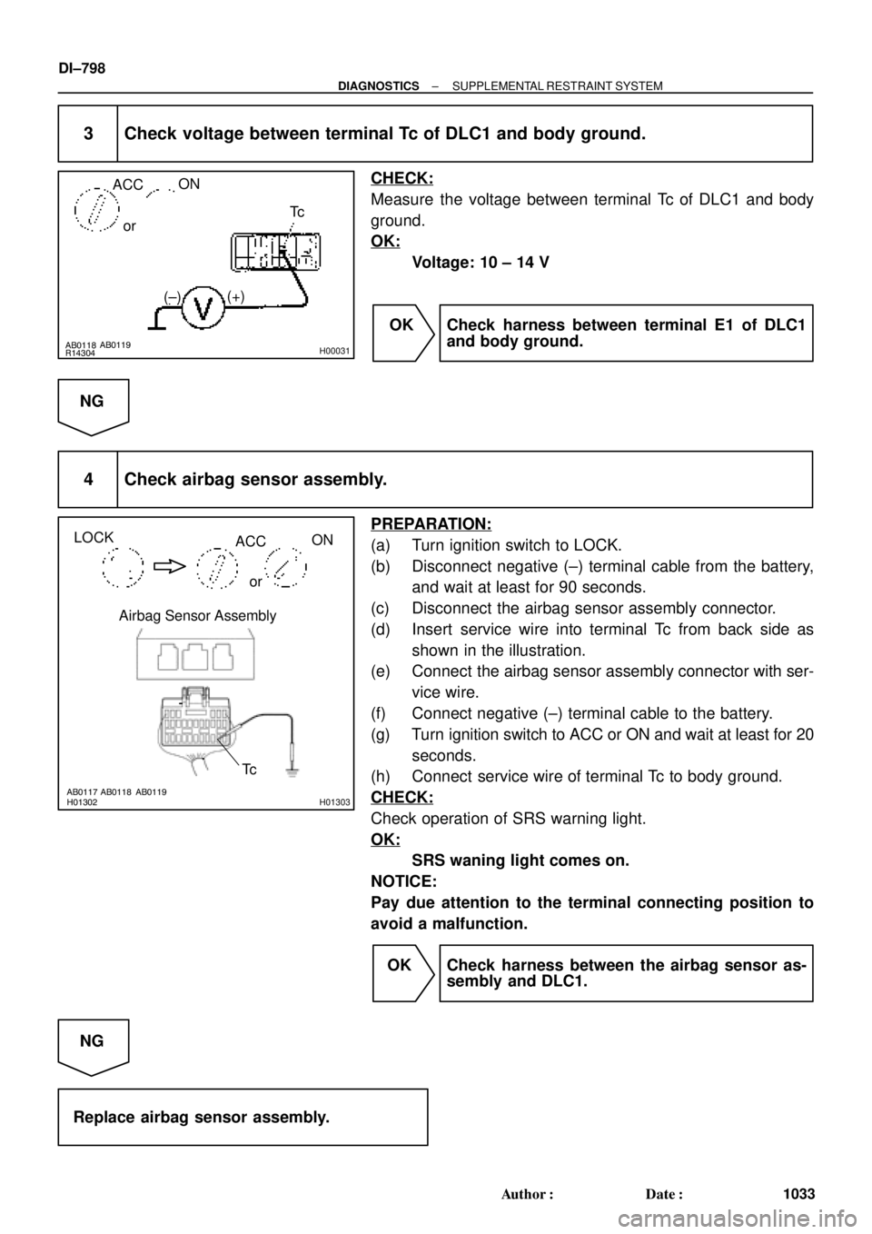 TOYOTA CAMRY 2000  Service Repair Manual AB0118
R14304AB0119
H00031
ACCON
orTc
(+)
(±)
AB0117 AB0118 AB0119H01302H01303
LOCK
ACCON
or
Airbag Sensor Assembly
Tc
DI±798
± DIAGNOSTICSSUPPLEMENTAL RESTRAINT SYSTEM
1033 Author: Date:
3 Check