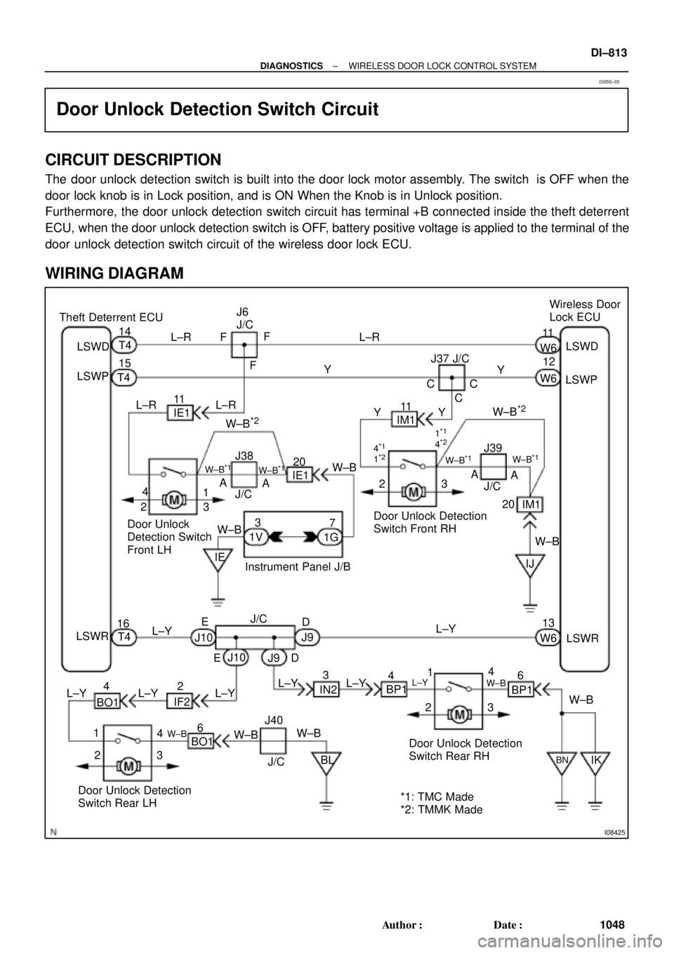 TOYOTA CAMRY 2000  Service Repair Manual I08425
Theft Deterrent ECU
LSWD14
T4
LSWP
LSWR15
T4
16
T4Wireless Door 
Lock ECU
W±B
*2
Door Unlock Detection
Switch Rear RH IE
Instrument Panel J/B J6
J/C
F
1111
L±RF
F
YL±R
LSWD
LSWP
LSWR W6
12
W