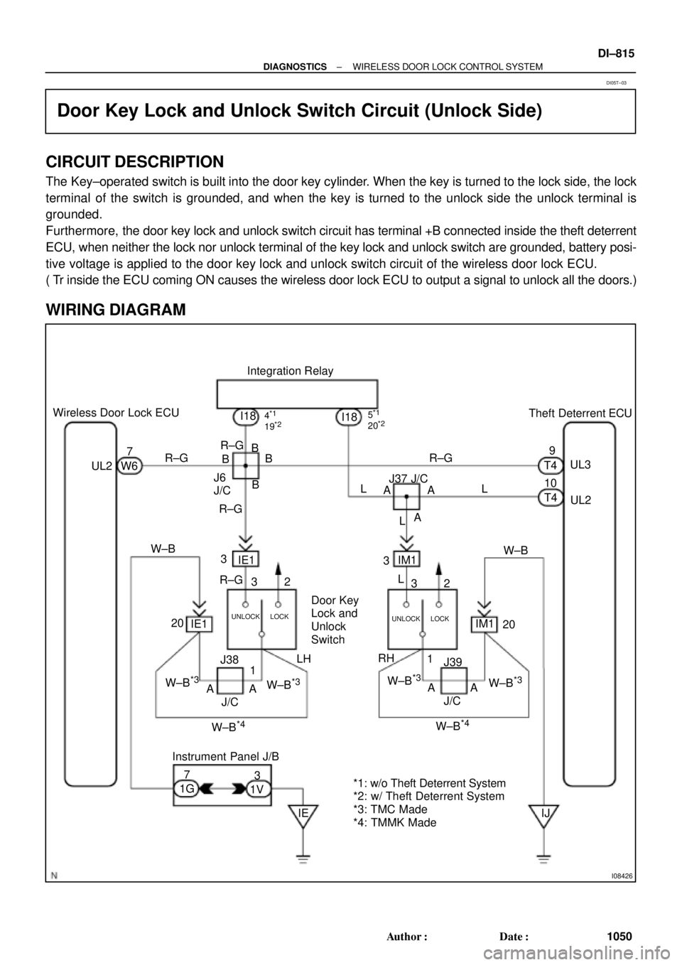 TOYOTA CAMRY 2000  Service Repair Manual I08426
Wireless Door Lock ECU
Theft Deterrent ECU Integration Relay
UL3 R±G9
T4 I18
UL2 10
T4 UL27
W6R±G R±GI18
B
J6
J/C
3
IE1
74*1
19*25*1
20*2
B
B
B
R±G
R±G
Instrument Panel J/B
1G3
1V
IE 20J37