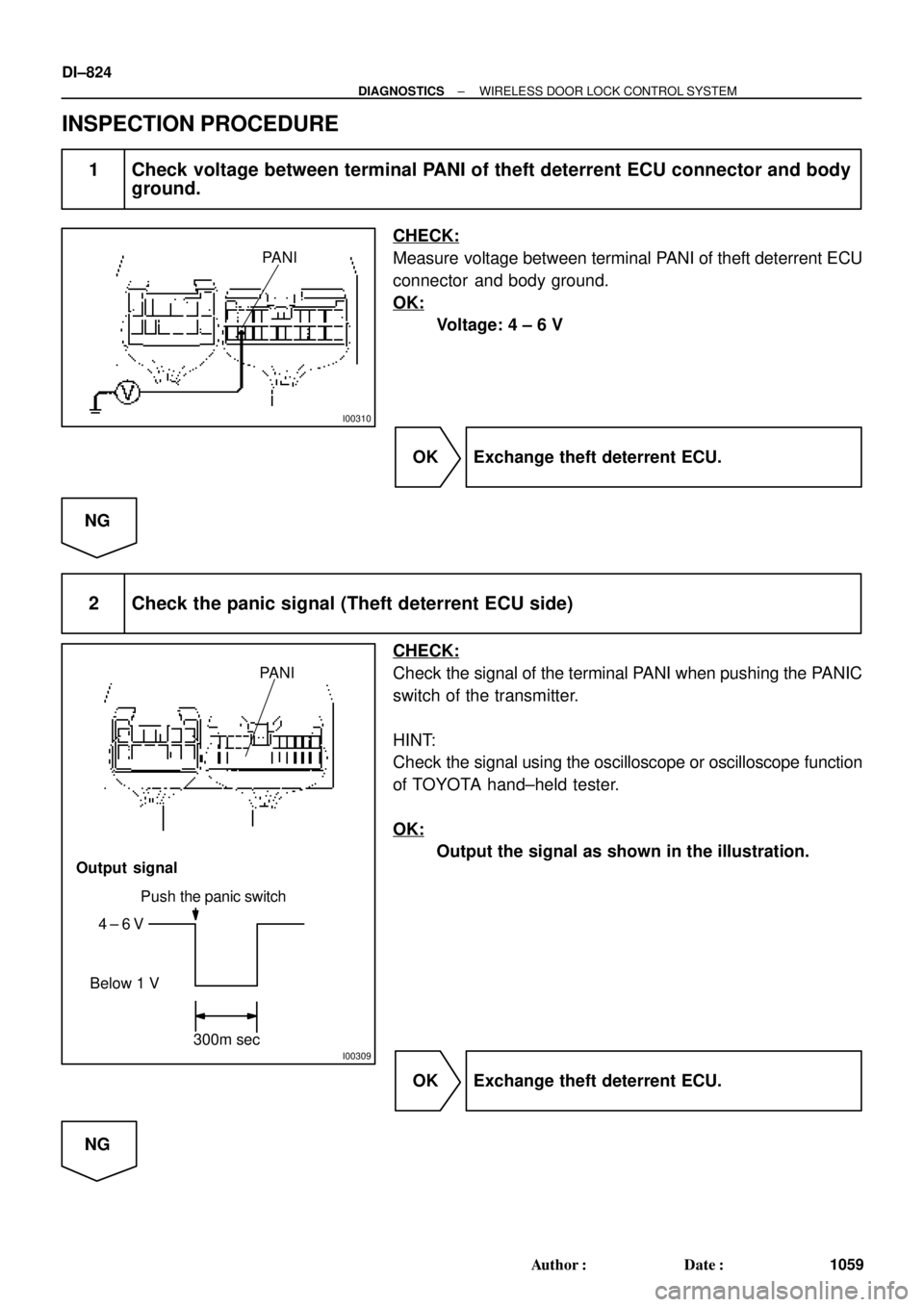 TOYOTA CAMRY 2000  Service Repair Manual I00310
PANI
I00309
PANI
Push the panic switch
4 ± 6 V
Below 1 V
Output signal
300m sec
DI±824
± DIAGNOSTICSWIRELESS DOOR LOCK CONTROL SYSTEM
1059 Author: Date:
INSPECTION PROCEDURE
1 Check voltag