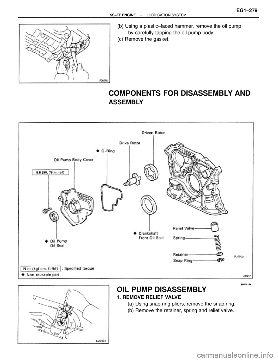 TOYOTA CAMRY 2000  Service Repair Manual OIL PUMP DISASSEMBLY
1. REMOVE RELIEF VALVE
(a) Using snap ring pliers, remove the snap ring.
(b) Remove the retainer, spring and relief valve. (b) Using a plastic±faced hammer, remove the oil pump
b