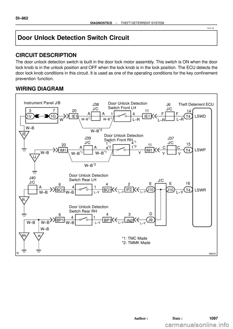 TOYOTA CAMRY 2000  Service Repair Manual I08431
Theft Deterrent ECU
14
T4 Instrument Panel J/B
Door Unlock Detection
Switch Front LHJ6
J/C
L±RLSWD
LSWP
LSWR 15
T4
16
T4 L±R L±R11
IE1F F
W±B*1
IE
4
*1
1*21*1
4*2
J10E 4 1
W±B*1
J38
J/C
A 