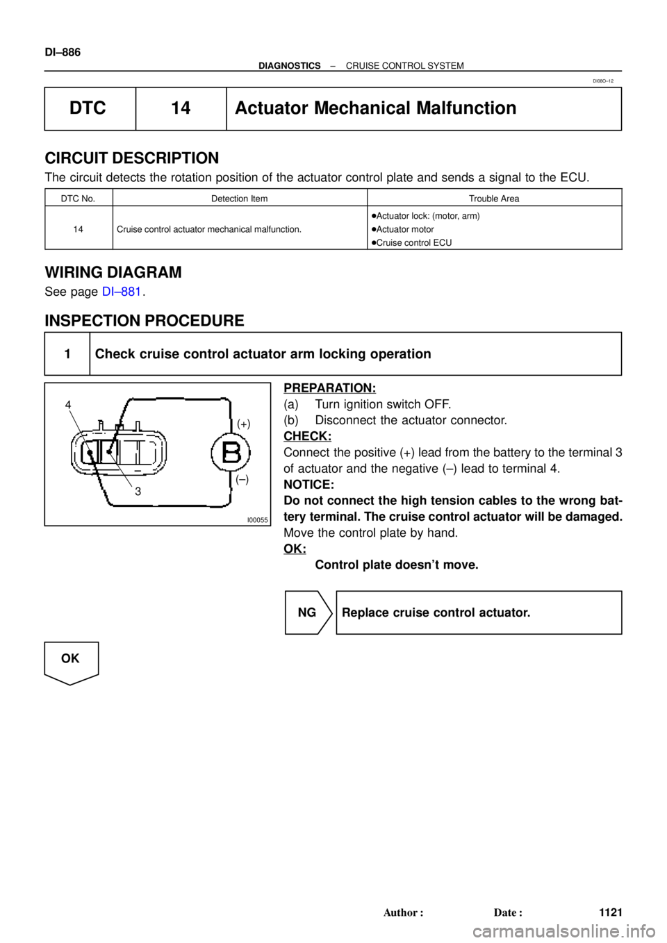 TOYOTA CAMRY 2000  Service Repair Manual I00055
4
3(+)
(±)
DI±886
± DIAGNOSTICSCRUISE CONTROL SYSTEM
1121 Author: Date:
DTC 14 Actuator Mechanical Malfunction
CIRCUIT DESCRIPTION
The circuit detects the rotation position of the actuator
