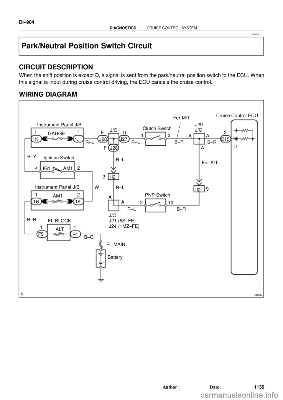 TOYOTA CAMRY 2000  Service Repair Manual I08433
Cruise Control ECU
Instrument Panel J/B
Clutch Switch
PNP Switch GAUGE
1K
D 3 J29
J/C
J/C
J21 (5S±FE)
J24 (1MZ±FE) B±Y1JC15 For M/T
J/C
B±R A
A
A B±R
R±L R±L
2
1 D
J27 F
J28
F J28
R±L
R