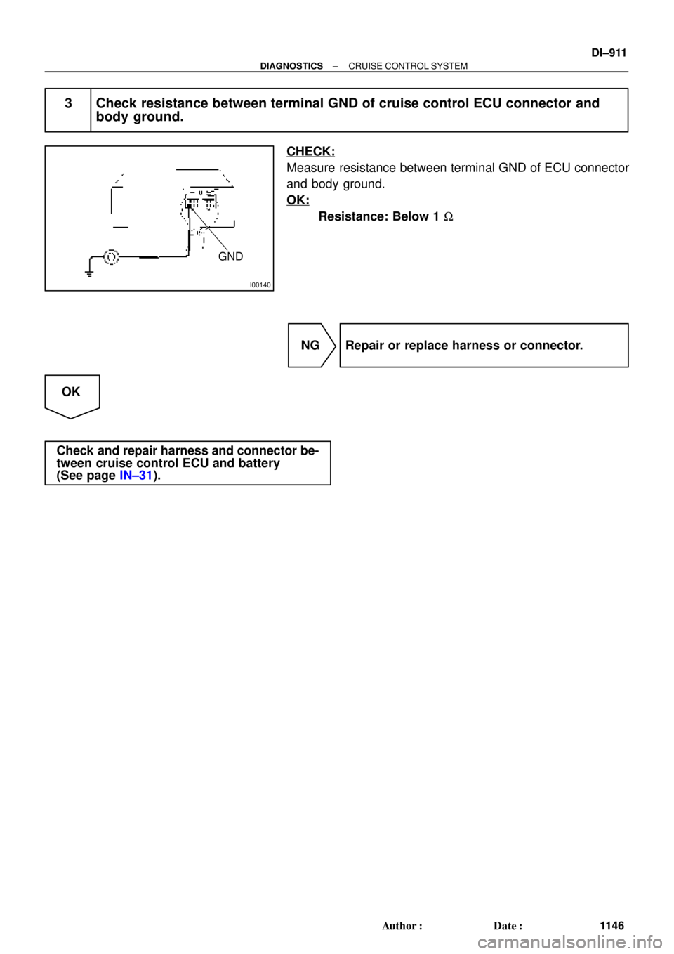 TOYOTA CAMRY 2000  Service Repair Manual I00140
GND
± DIAGNOSTICSCRUISE CONTROL SYSTEM
DI±911
1146 Author: Date:
3 Check resistance between terminal GND of cruise control ECU connector and
body ground.
CHECK:
Measure resistance between t