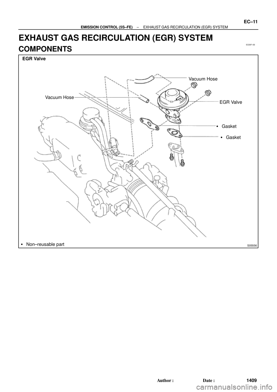 TOYOTA CAMRY 2000  Service Repair Manual EC03F±03
S05556
EGR Valve
Vacuum HoseVacuum Hose
EGR Valve
 Gasket
 Non±reusable part Gasket
± EMISSION CONTROL (5S±FE)EXHAUST GAS RECIRCULATION (EGR) SYSTEM
EC±11
1409 Author: Date:
EXHAUST