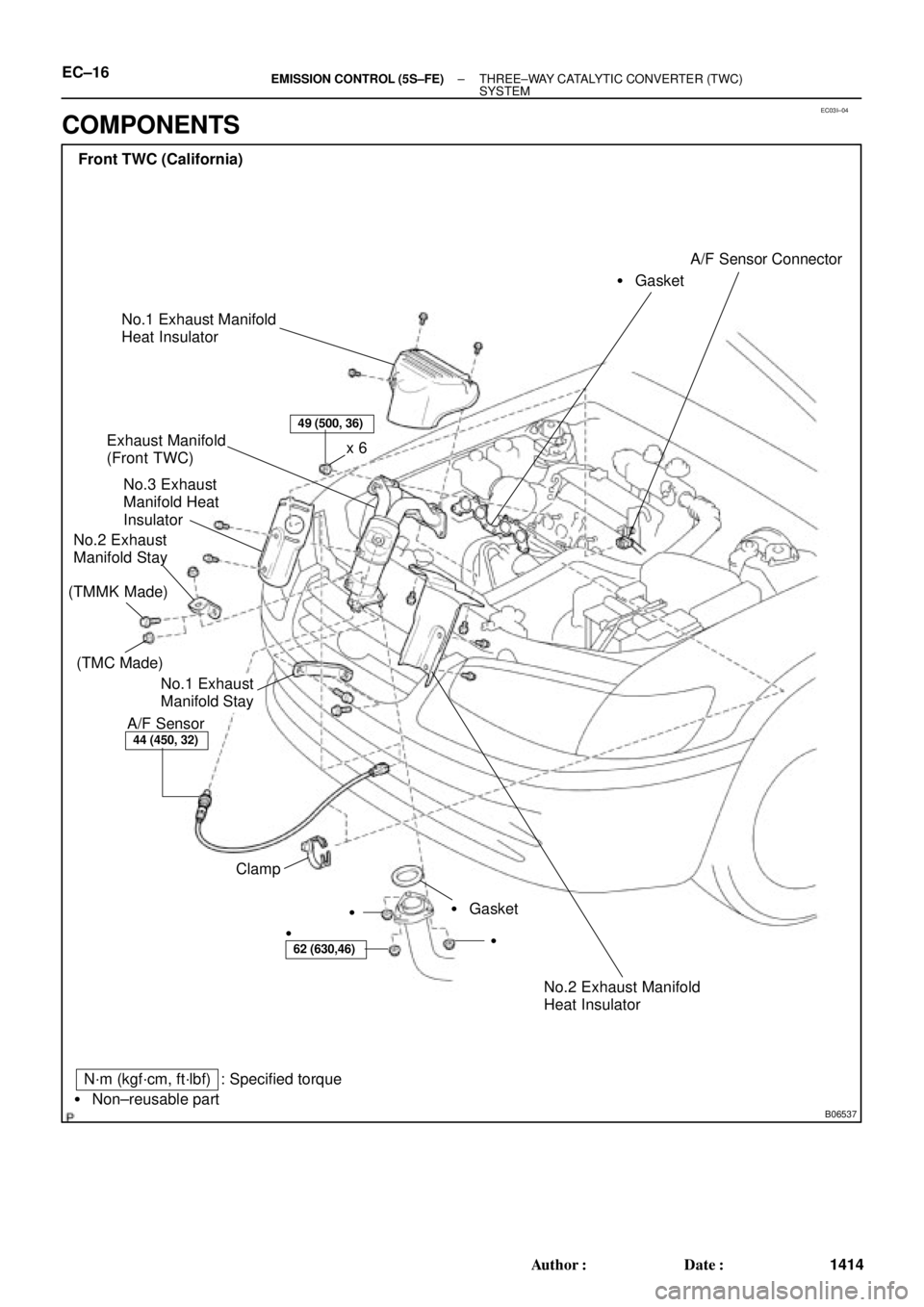TOYOTA CAMRY 2000  Service Repair Manual EC03I±04
B06537
Front TWC (California)
Exhaust Manifold
(Front TWC)
No.3 Exhaust
Manifold Heat
Insulator
No.2 Exhaust
Manifold Stay
A/F Sensor GasketA/F Sensor Connector
 Gasket Clampx 6


N´m (