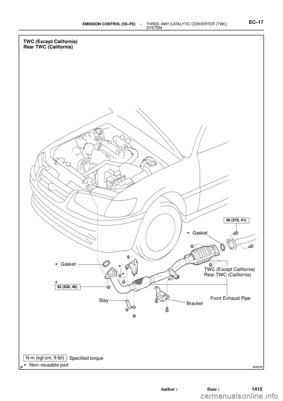 TOYOTA CAMRY 2000  Service Repair Manual B06538
N´m (kgf´cm, ft´lbf)
 Non±reusable part
TWC (Except California)
Rear TWC (California)
 Gasket
BracketTWC (Except California)
Rear TWC (California)
Front Exhaust Pipe  Gasket
Stay
62 (630