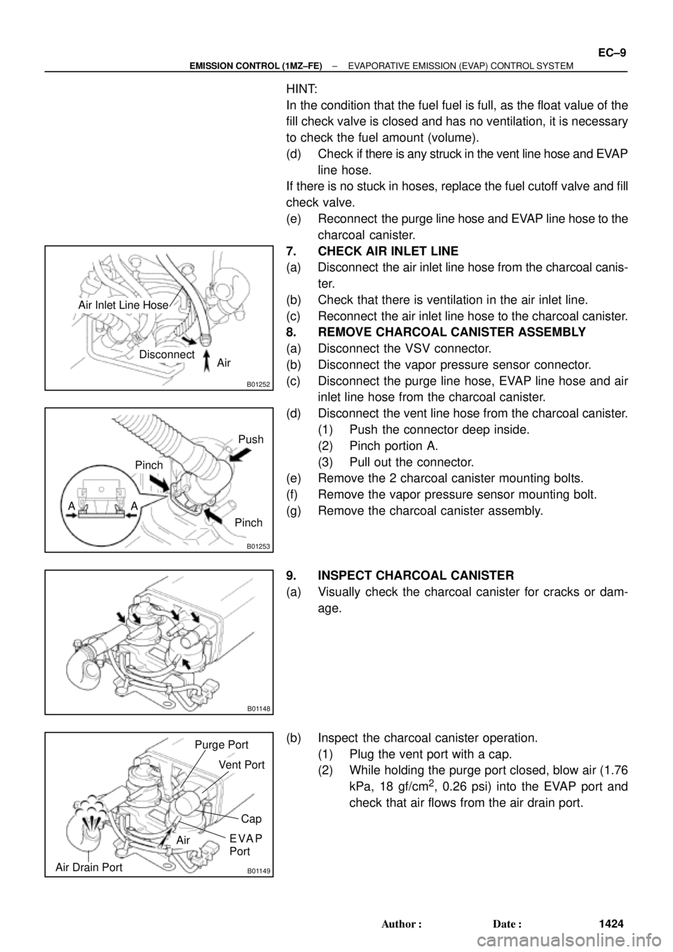 TOYOTA CAMRY 2000  Service Repair Manual B01252
AirDisconnect
Air Inlet Line Hose
B01253
Pinch
Push
AA
Pinch
B01148
B01149
Air
Purge Port
Vent Port
Air Drain Port
Cap
EVAP
Port
± EMISSION CONTROL (1MZ±FE)EVAPORATIVE EMISSION (EVAP) CONTROL