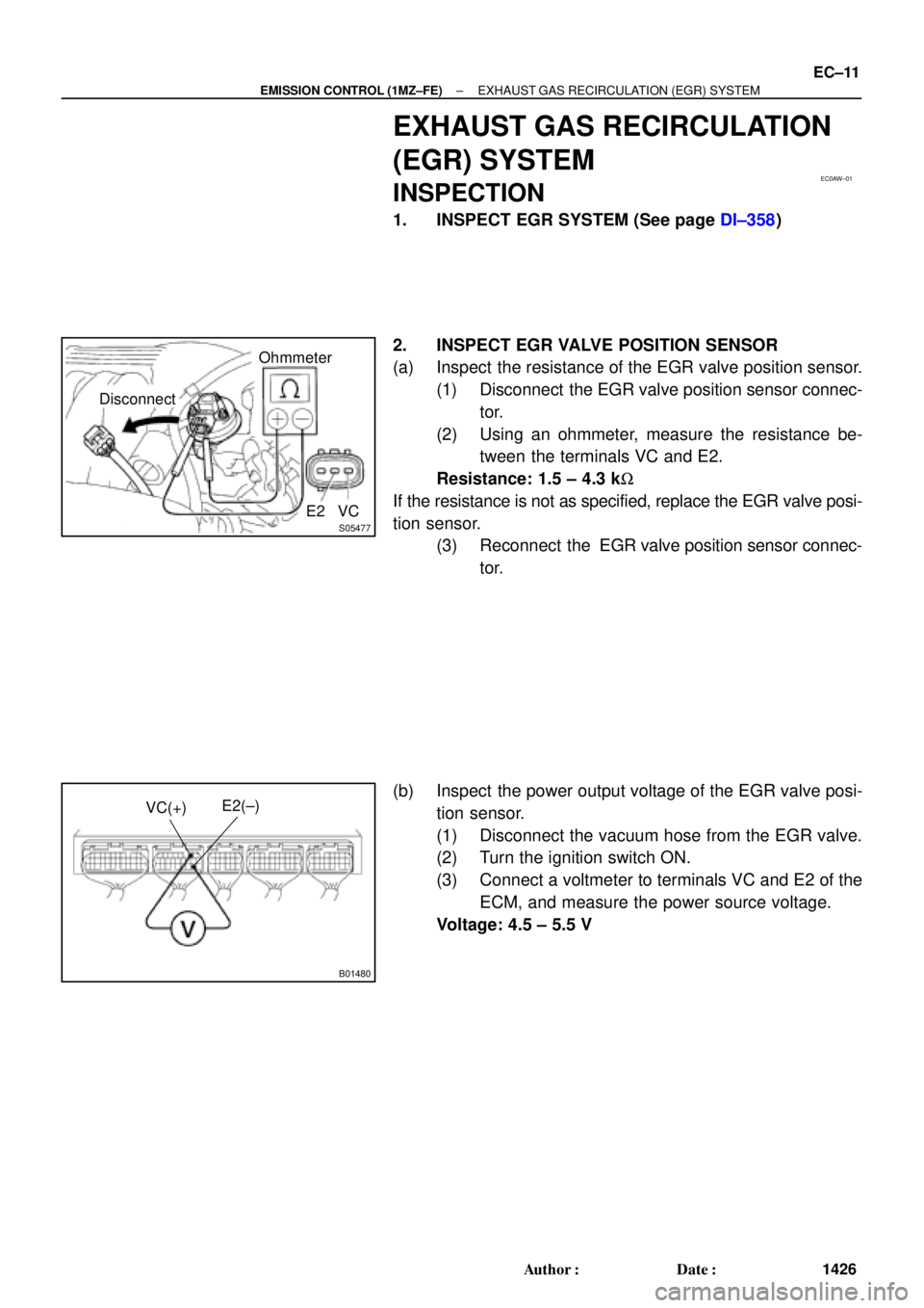 TOYOTA CAMRY 2000  Service Repair Manual EC0AW±01
S05477
DisconnectOhmmeter
E2 VC
B01480
E2(±)
VC(+)
± EMISSION CONTROL (1MZ±FE)EXHAUST GAS RECIRCULATION (EGR) SYSTEM
EC±11
1426 Author: Date:
EXHAUST GAS RECIRCULATION
(EGR) SYSTEM
INS