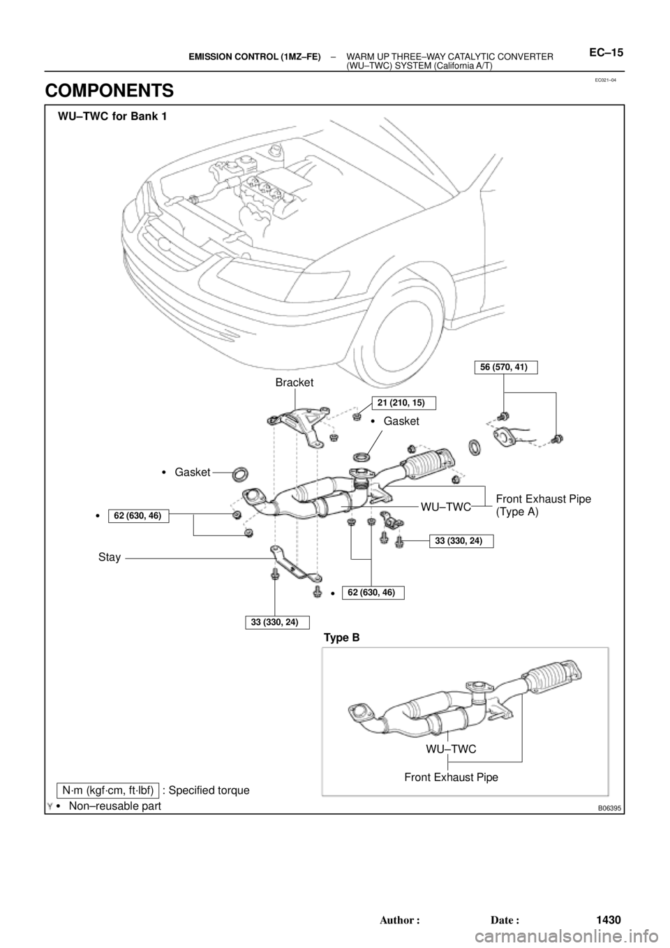TOYOTA CAMRY 2000  Service Repair Manual EC021±04
B06395
N´m (kgf´cm, ft´lbf) : Specified torque
 Non±reusable partBracket
 Gasket
Stay
62 (630, 46)
33 (330, 24)
56 (570, 41)
WU±TWCFront Exhaust Pipe
(Type A)  Gasket

62 (630, 46)

