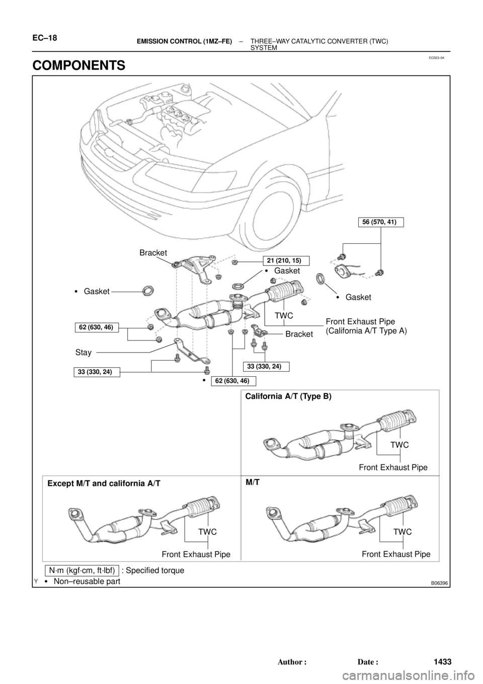 TOYOTA CAMRY 2000  Service Repair Manual EC023±04
B06396
Except M/T and california A/TCalifornia A/T (Type B)
M/T
TWC
Front Exhaust Pipe
N´m (kgf´cm, ft´lbf) : Specified torque
 Non±reusable part
TWC
Front Exhaust Pipe
Bracket
 Gasket