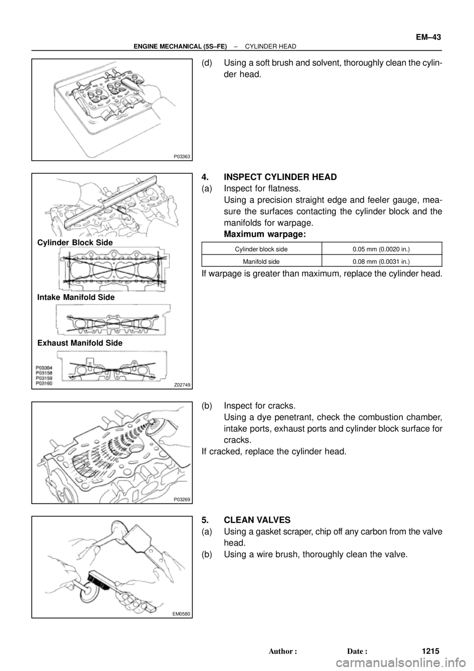 TOYOTA CAMRY 2000  Service Repair Manual P03363
Z02749
Cylinder Block Side
Intake Manifold Side
Exhaust Manifold Side
P03269
EM0580
± ENGINE MECHANICAL (5S±FE)CYLINDER HEAD
EM±43
1215 Author: Date:
(d) Using a soft brush and solvent, th