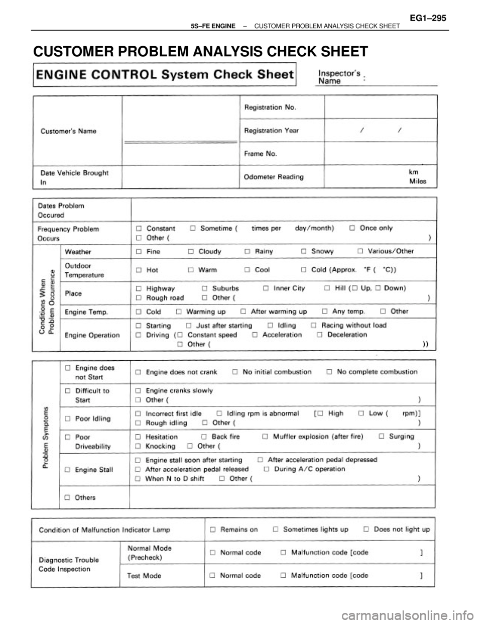 TOYOTA CAMRY 2000 Service Repair Manual CUSTOMER PROBLEM ANALYSIS CHECK SHEET
± 5S±FE ENGINECUSTOMER PROBLEM ANALYSIS CHECK SHEETEG1±295 TOYOTA CAMRY 2000 Service Repair Manual CUSTOMER PROBLEM ANALYSIS CHECK SHEET
± 5S±FE ENGINECUSTOMER PROBLEM ANALYSIS CHECK SHEETEG1±295