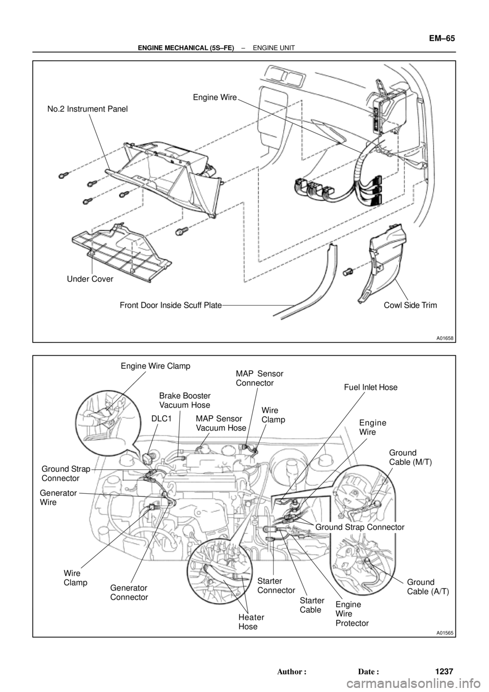 TOYOTA CAMRY 2000  Service Repair Manual A01565
Engine Wire Clamp
Brake Booster
Vacuum Hose
DLC1
Ground Strap
Connector
Generator
Wire
Wire
Clamp
Generator
ConnectorMAP Sensor
Vacuum HoseMAP Sensor
Connector
Fuel Inlet Hose
Engine
Wire
Start