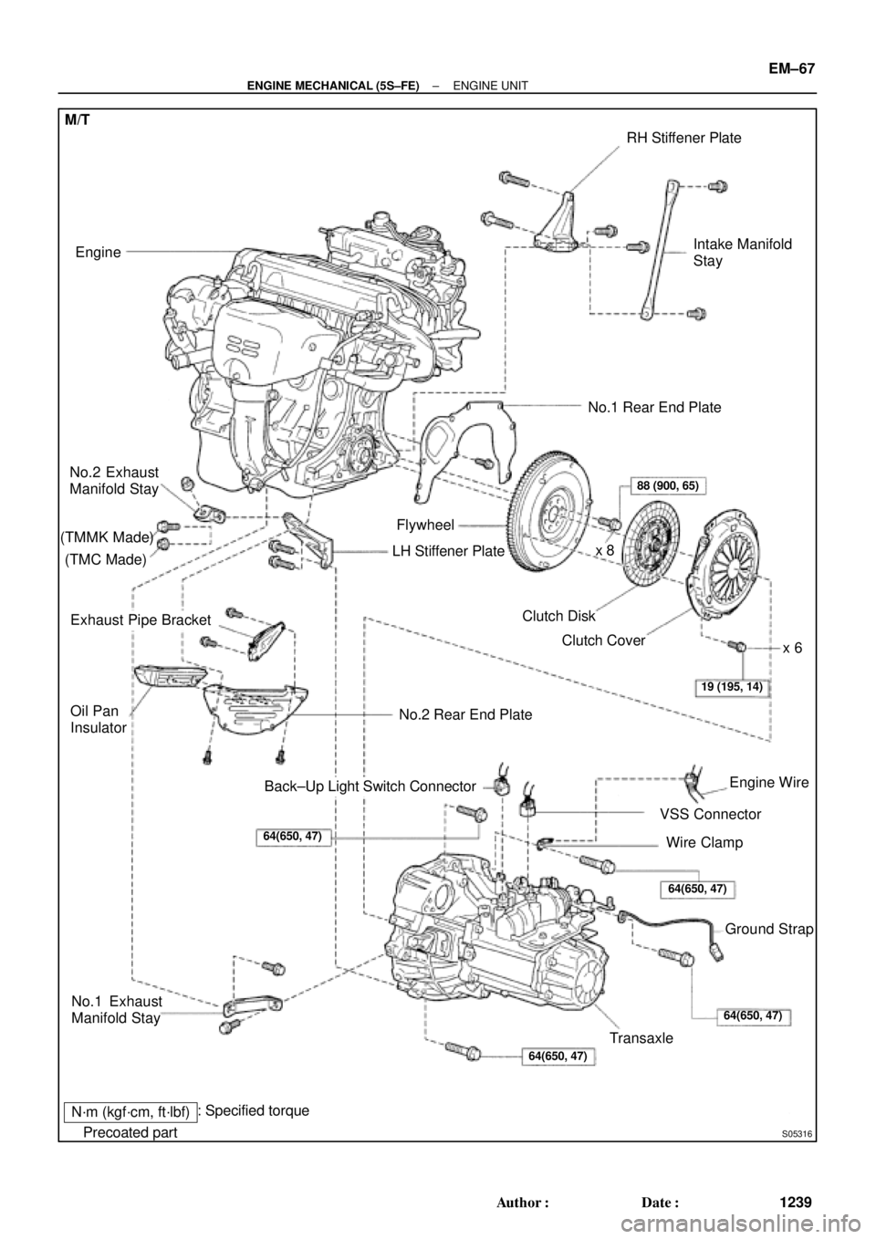 TOYOTA CAMRY 2000  Service Repair Manual S05316
M/T
Engine
No.2 Exhaust
Manifold Stay
(TMMK Made)
(TMC Made)
Exhaust Pipe Bracket
Oil Pan
Insulator
No.1 Exhaust
Manifold Stay
Back±Up Light Switch ConnectorNo.2 Rear End Plate Flywheel
LH Sti