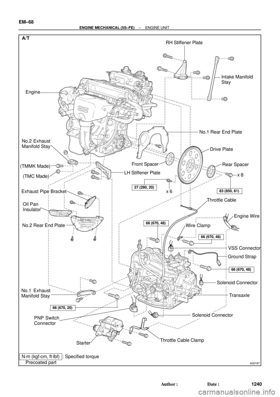 TOYOTA CAMRY 2000  Service Repair Manual A02187
A/T
Engine
No.2 Exhaust
Manifold Stay
(TMC Made)
Exhaust Pipe Bracket
Oil Pan
InsulatorLH Stiffener Plate
Engine Wire
VSS Connector
Wire Clamp
Ground Strap No.1 Rear End PlateIntake Manifold
St