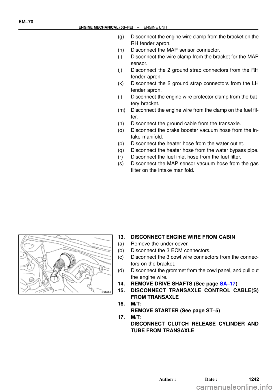 TOYOTA CAMRY 2000  Service Repair Manual S05253
EM±70
± ENGINE MECHANICAL (5S±FE)ENGINE UNIT
1242 Author: Date:
(g) Disconnect  the engine wire clamp from the bracket on the
RH fender apron.
(h) Disconnect the MAP sensor connector.
(i) 