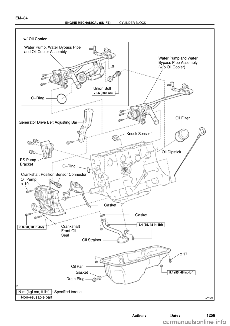 TOYOTA CAMRY 2000  Service Repair Manual A07367
Water Pump, Water Bypass Pipe
and Oil Cooler Assembly
Water Pump and Water
Bypass Pipe Assembly
(w/o Oil Cooler)
Union Bolt
Generator Drive Belt Adjusting Bar
Knock Sensor 1Oil Filter
Oil Dipst