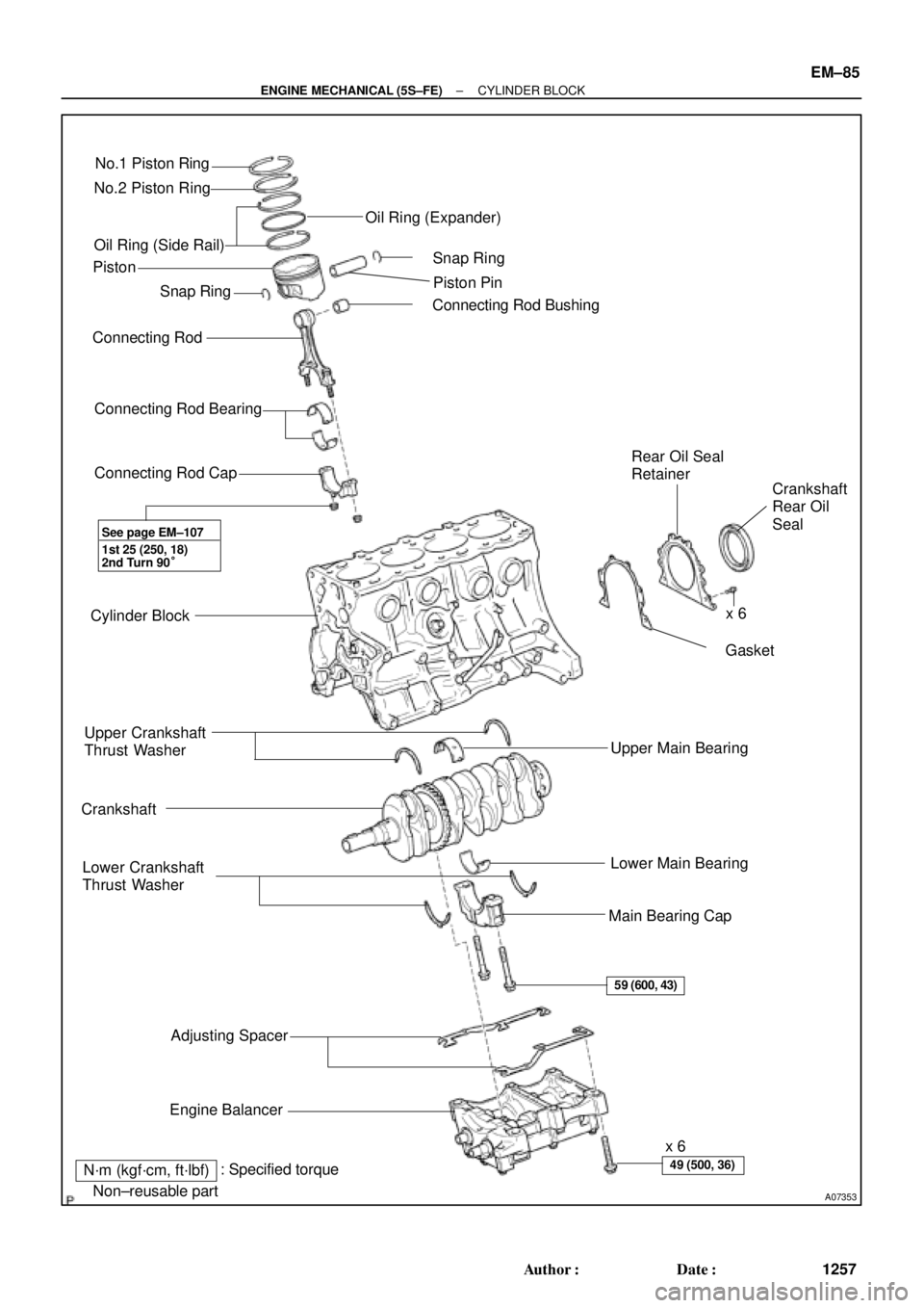 TOYOTA CAMRY 2000  Service Repair Manual A07353
No.1 Piston Ring
No.2 Piston Ring
Oil Ring (Side Rail)
 Snap Ring
Connecting Rod
Connecting Rod Bearing
Connecting Rod Cap
Cylinder Block
Upper Crankshaft
Thrust Washer
Crankshaft
Lower Cranks