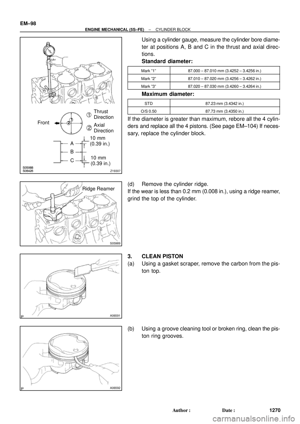 TOYOTA CAMRY 2000  Service Repair Manual Z19307
FrontThrust
Direction
Axial
Direction
10 mm
(0.39 in.)
10 mm
(0.39 in.)
A
C
B
1
21
2
S05989
Ridge Reamer
A06591
A06592
EM±98
± ENGINE MECHANICAL (5S±FE)CYLINDER BLOCK
1270 Author: Date:
Us