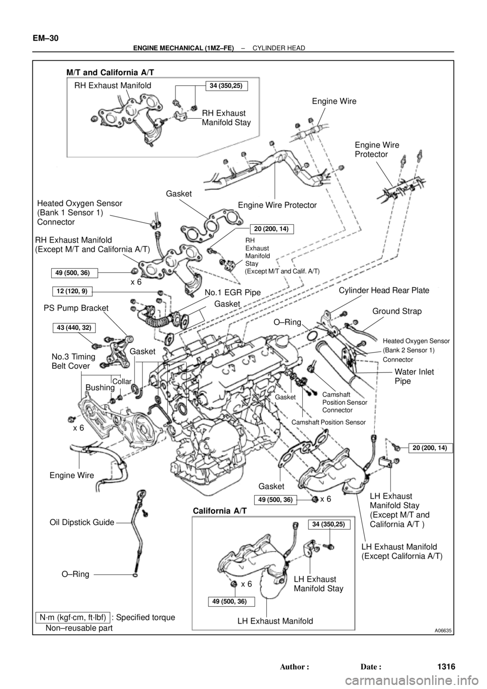TOYOTA CAMRY 2000  Service Repair Manual A06635 Non±reusable part: Specified torque
N´m (kgf´cm, ft´lbf)Engine Wire
Engine Wire ProtectorEngine Wire
Protector
Heated Oxygen Sensor
(Bank 1 Sensor 1)
Connector
RH Exhaust Manifold
(Except 