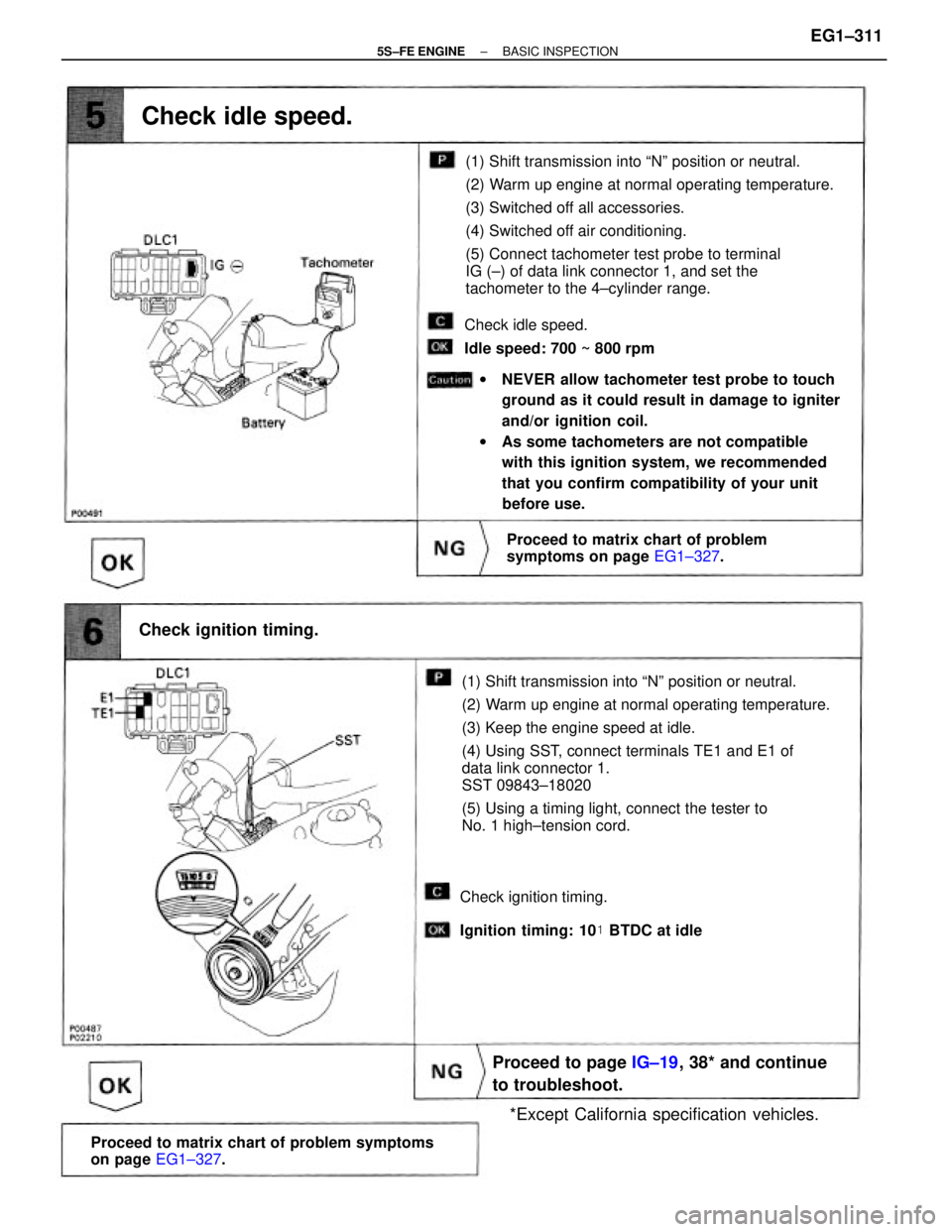 TOYOTA CAMRY 2000  Service Repair Manual (1) Shift transmission into ªNº position or neutral.
(2) Warm up engine at normal operating temperature.
(3) Keep the engine speed at idle.
(4) Using SST, connect terminals TE1 and E1 of
data link c