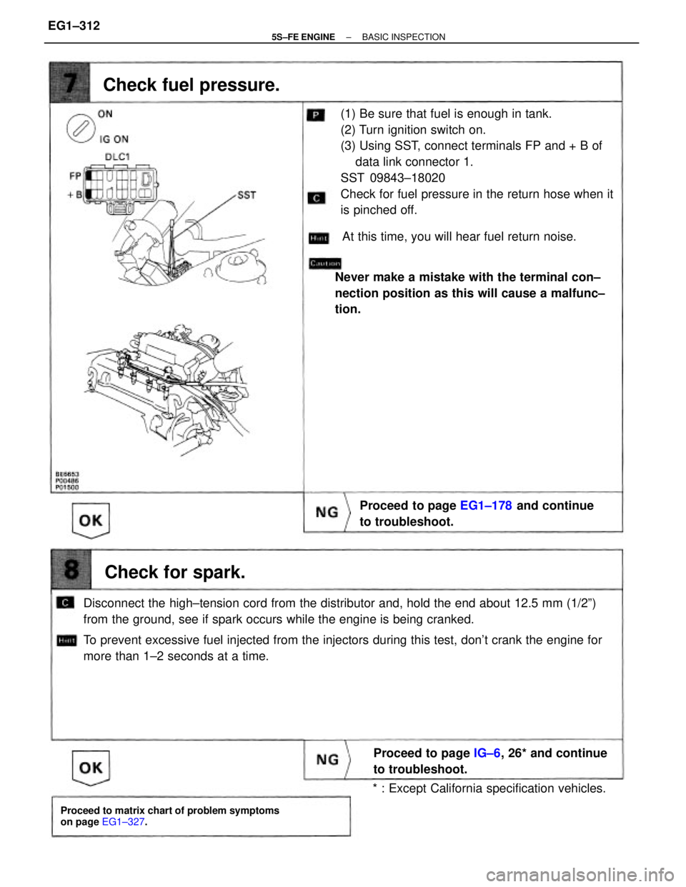 TOYOTA CAMRY 2000  Service Repair Manual (1) Be sure that fuel is enough in tank.
(2) Turn ignition switch on.
(3) Using SST, connect terminals FP and + B of
    data link connector 1.
SST 09843±18020
Check for fuel pressure in the return h