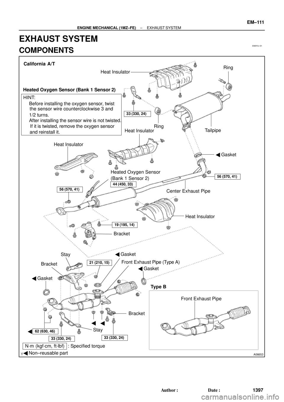 TOYOTA CAMRY 2000  Service Repair Manual EM0YU±01
A06653
 Gasket
 Non±reusable part
N´m  (kgf´cm, ft´lbf) : Specified torque Gasket


BracketFront Exhaust Pipe Bracket
StayHeat Insulator Center Exhaust Pipe Gasket Heat InsulatorH