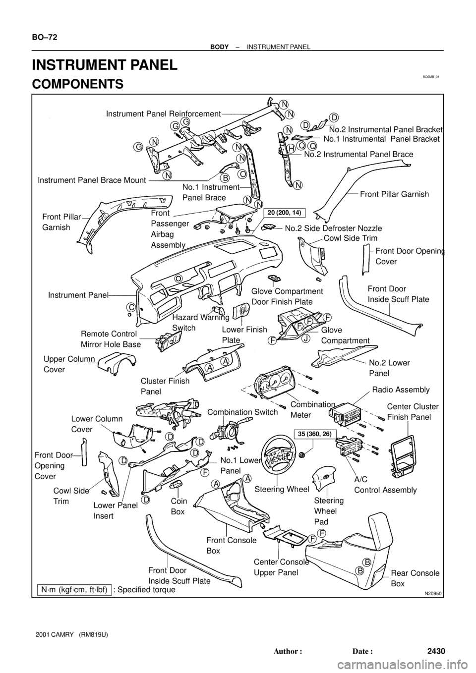 TOYOTA CAMRY 2000  Service Repair Manual BO0MB±01
N20950
Instrument Panel ReinforcementNN
DD
No.2 Instrumental Panel Bracket
No.1 Instrumental  Panel Bracket
No.2 Instrumental Panel Brace
QQH N
N
N
N
GG
NG
NOB
NN
Instrument Panel Brace Moun
