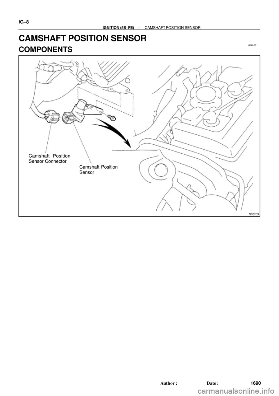TOYOTA CAMRY 2000  Service Repair Manual IG044±03
S03783
Camshaft Position
Sensor Connector
Camshaft Position
Sensor IG±8
± IGNITION (5S±FE)CAMSHAFT POSITION SENSOR
1690 Author: Date:
CAMSHAFT POSITION SENSOR
COMPONENTS 
