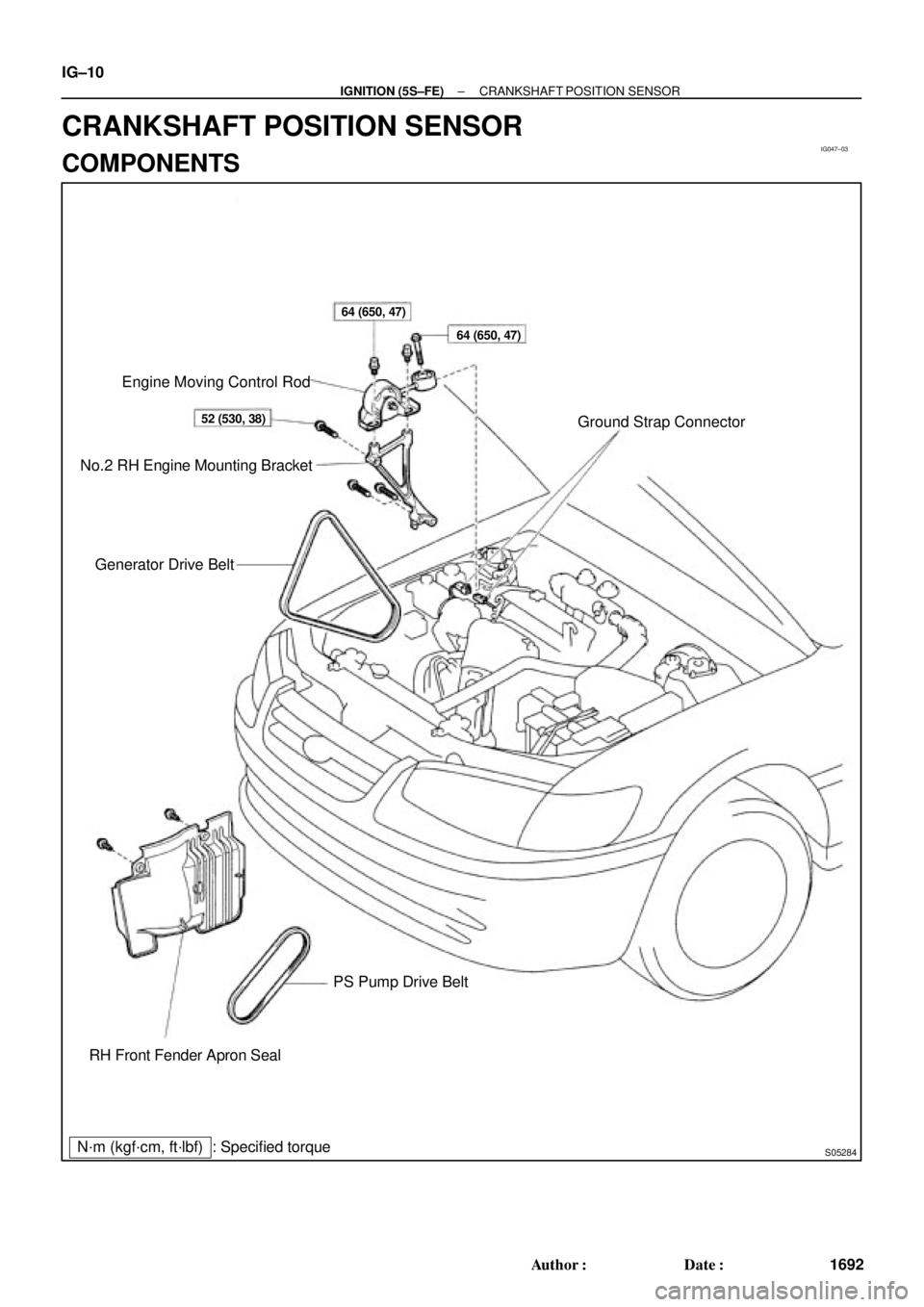 TOYOTA CAMRY 2000  Service Repair Manual IG047±03
S05284
Engine Moving Control Rod
No.2 RH Engine Mounting Bracket
Generator Drive Belt
RH Front Fender Apron SealPS Pump Drive BeltGround Strap Connector
N´m (kgf´cm, ft´lbf) : Specified t
