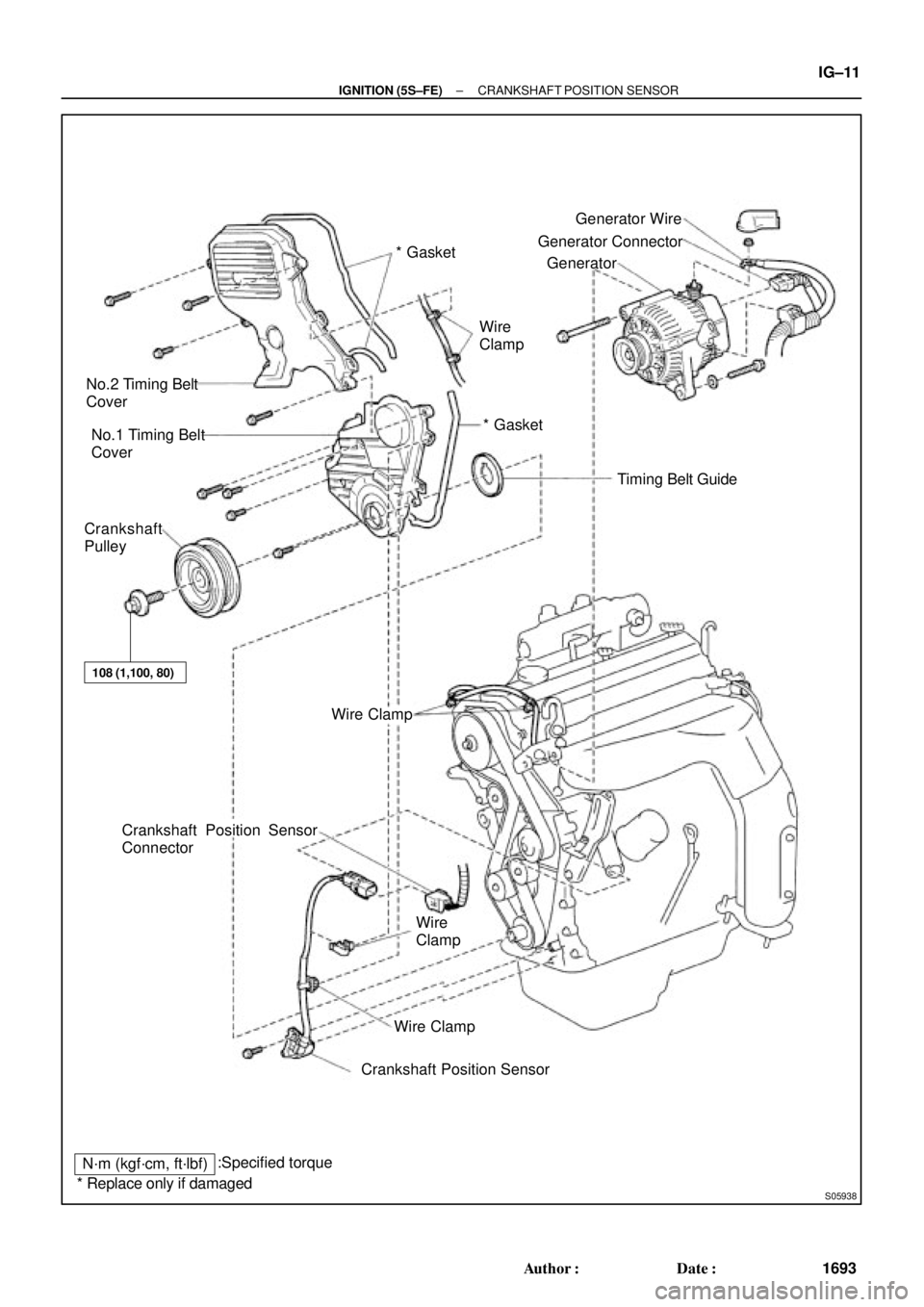 TOYOTA CAMRY 2000  Service Repair Manual S05938
No.2 Timing Belt
Cover
No.1 Timing Belt
Cover
Crankshaft
Pulley
Crankshaft Position Sensor
Connector
Crankshaft Position Sensor Wire ClampWire
Clamp
N´m (kgf´cm, ft´lbf):Specified torqueGene